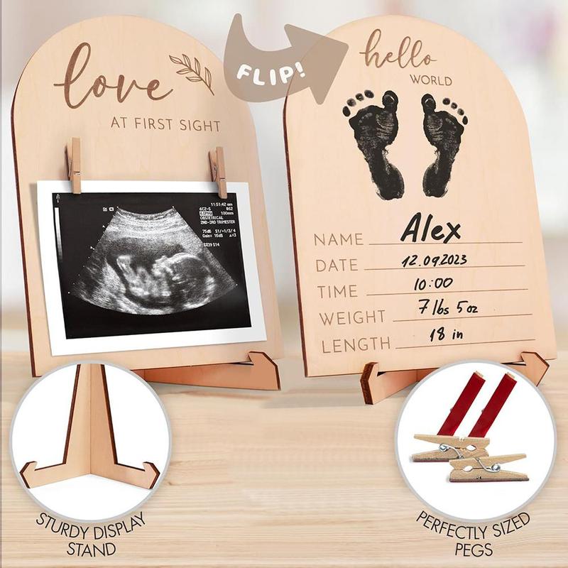 Wooden Ultrasound Photo Frame, 1 Count Cute Double Sided Sign for The Announcement Of Your Pregnancy Or Baby's Birth, Nursery Decor Sonogram Photo Frame