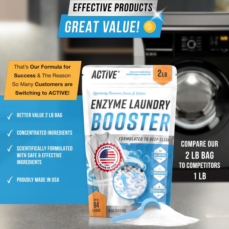 Enzyme Laundry Booster Odor Remover - 2 lbs Unscented Enzymatic Clothes Stain Cleaner Powder, Natural Deodorizer with Bio Active Enzymes, Detergent Additive Eliminator for Sweat, Oil, Blood - 64 Loads