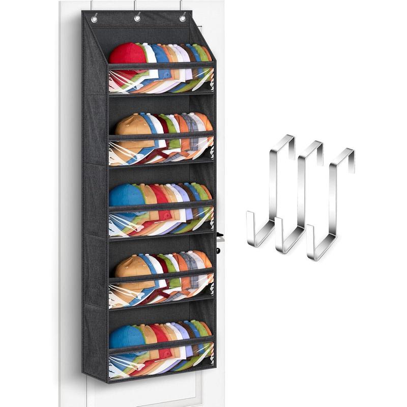 Over Door Hat Racks for Baseball Caps, Clear Deep Pockets Hat Organizer for Closet or Wall Hold 60 Hats Storage Holder With 3 Hooks Caps Display (Black)