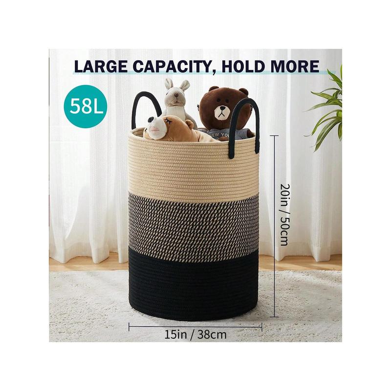 1pc -Tall Cotton Rope Laundry Hamper-15 X 20 Inches, Large Laundry Basket With Handles,Woven Storage Blankets Basket, Toys Basket, Dirty Clothes For Living Room, Bedroom, Brown & White, 58L Organiser Linen