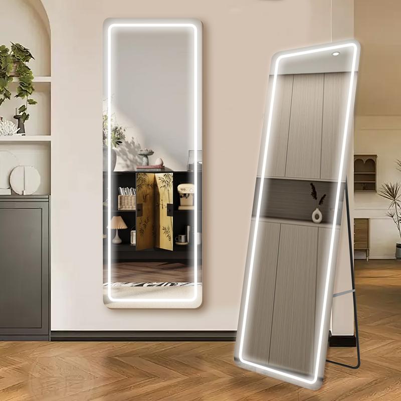 Floor Mirror with LED Light, 64” x 21” Full Length Mirror with Stand. Features Dimming & 3 Color Lighting, Can Be Wall Mounted or Freestanding. Ideal for Full Body Viewing in Living Room, Bedroom, or Cloakroom, White Frame.