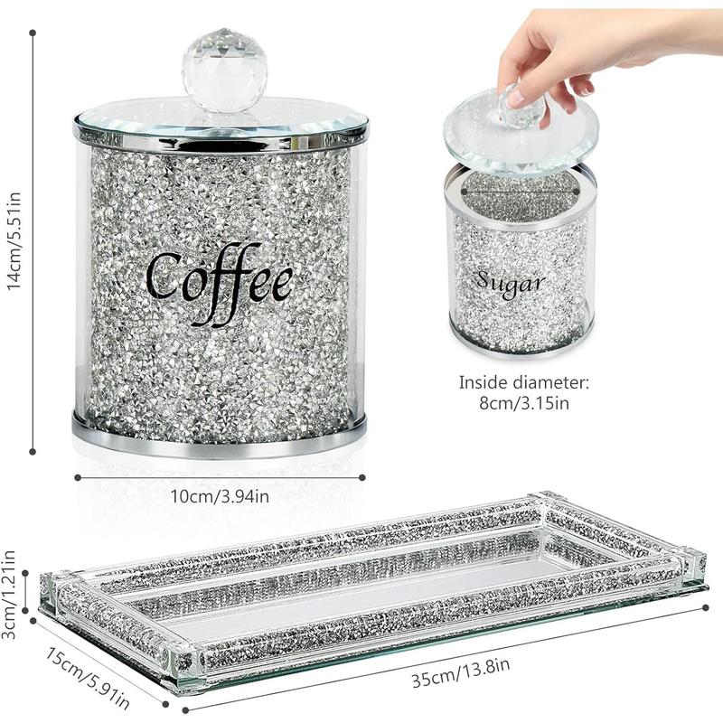 Topsky Coffee Sugar Tea Crystal Canister Set of 4,Sparkly Crystal Crushed Diamonds Home Decor,Silver Kitchen Coffee Jar Storage Set with Label & Lid,Storage Container Set for Countertop,Dining Room