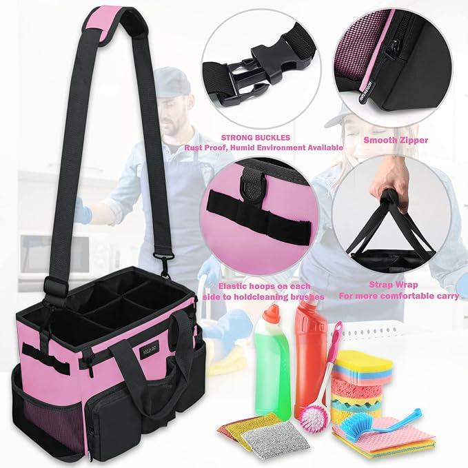 Pink cleaning bag with adjustable shoulder and waist straps large capacity portable cleaning and storage bag Organiser Pad Mesh Aluminium