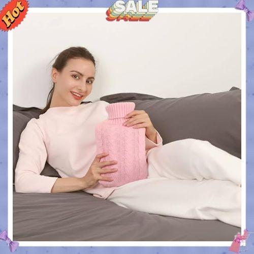 samply Hot Water Bottle with Knitted Cover, 2L Hot Water Bag for Hot and Cold Compress, Hand Feet Warmer, Ideal for Menstrual Cramps, Neck and Shoulder Pain Relief, Pink