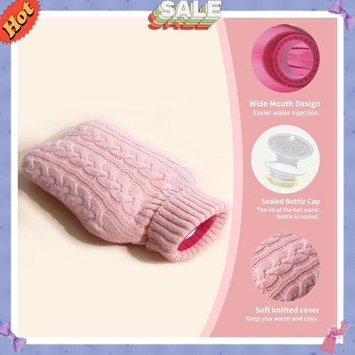 samply Hot Water Bottle with Knitted Cover, 2L Hot Water Bag for Hot and Cold Compress, Hand Feet Warmer, Ideal for Menstrual Cramps, Neck and Shoulder Pain Relief, Pink