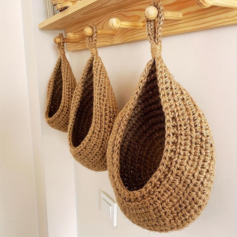 Handmade Crochet Storage Basket, 3 Counts set Hanging Plant Basket, Hanging Storage Bag for Fruit & Vegetable & Plant, Home Organizer for Kitchen, Home Decor