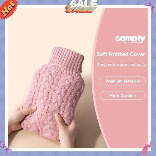 samply Hot Water Bottle with Knitted Cover, 2L Hot Water Bag for Hot and Cold Compress, Hand Feet Warmer, Ideal for Menstrual Cramps, Neck and Shoulder Pain Relief, Pink