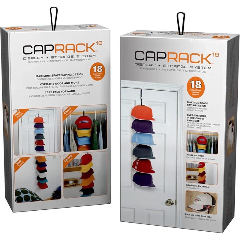 Cap Rack System - Hat Rack Holds up to 18 Baseball Caps - Over Door Hanger and Organizer - Six Clips - Black