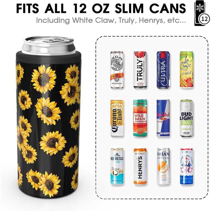 Skinny Can Cooler for Slim Beer & Hard Seltzer, Stainless Steel, Doucle-Walled Stainless Steel Insulated Slim Cans, Standard 12 oz (Sunflower)