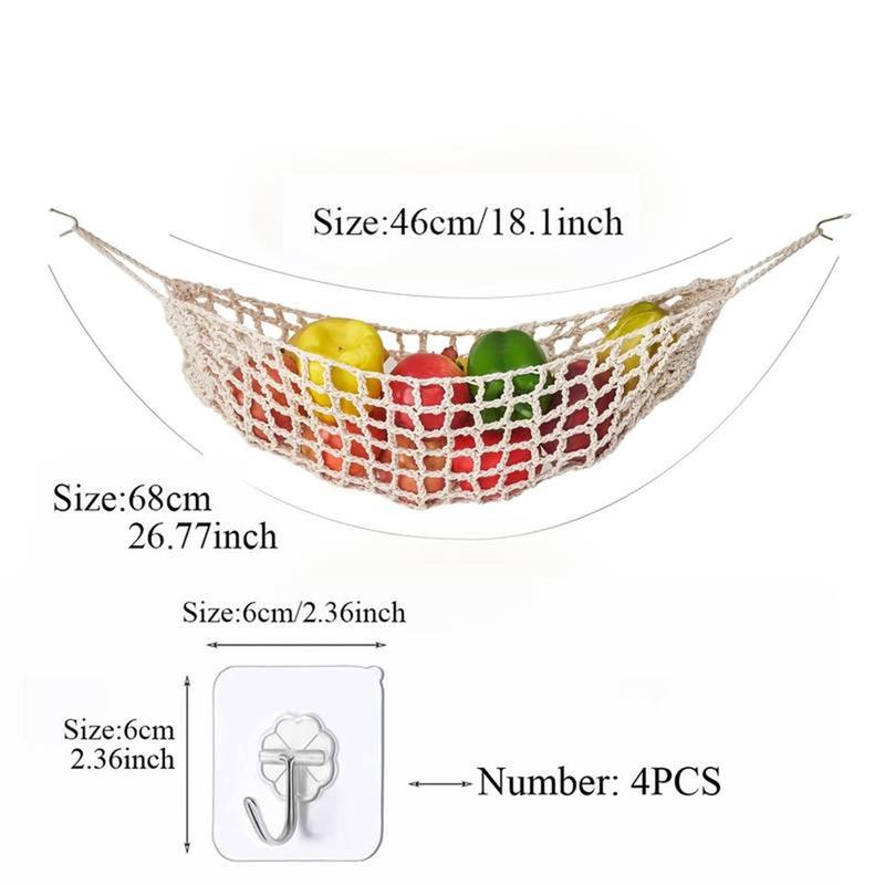 Bohemian Style Kitchen Fruit Hanging Basket, 1 Count Hand-woven Vegetable & Fruit Hanging Basket with 4 Counts Hooks, Home Kitchen Supplies