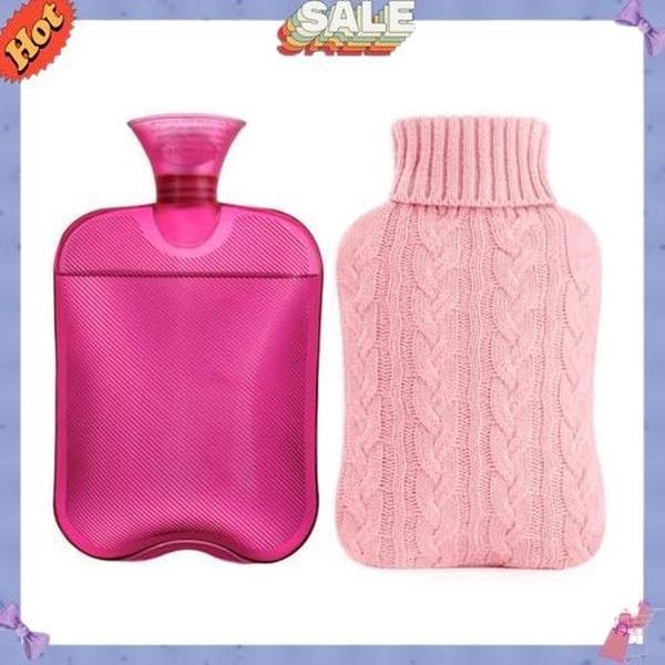 samply Hot Water Bottle with Knitted Cover, 2L Hot Water Bag for Hot and Cold Compress, Hand Feet Warmer, Ideal for Menstrual Cramps, Neck and Shoulder Pain Relief, Pink