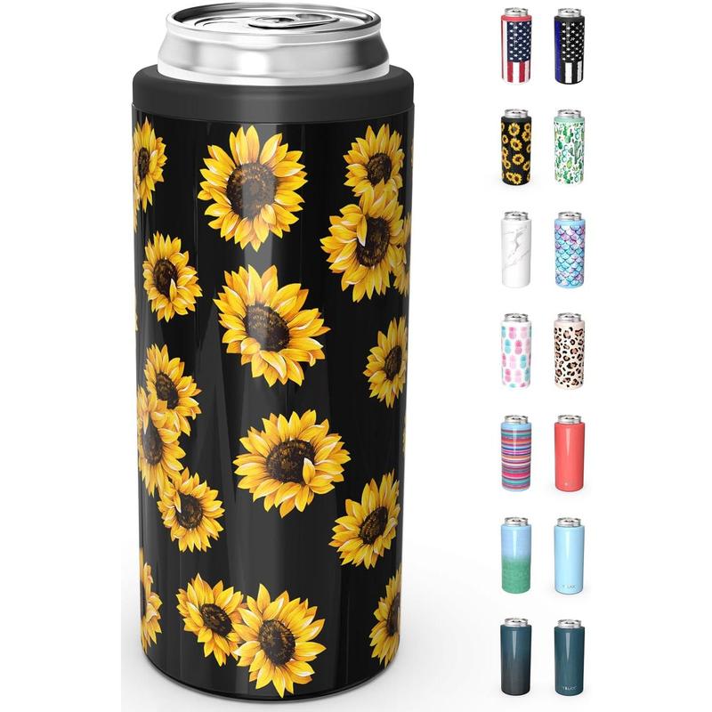 Skinny Can Cooler for Slim Beer & Hard Seltzer, Stainless Steel, Doucle-Walled Stainless Steel Insulated Slim Cans, Standard 12 oz (Sunflower)