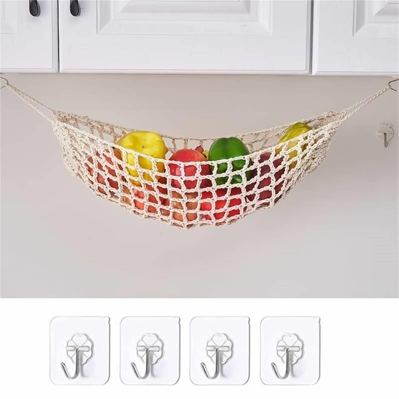 Bohemian Style Kitchen Fruit Hanging Basket, 1 Count Hand-woven Vegetable & Fruit Hanging Basket with 4 Counts Hooks, Home Kitchen Supplies