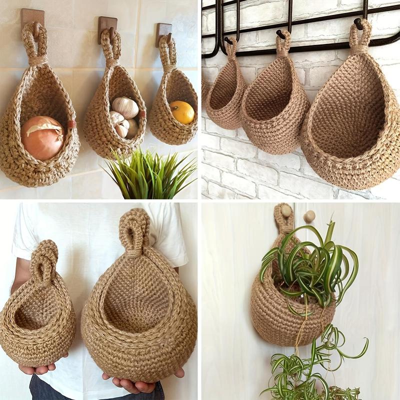 Handmade Crochet Storage Basket, 3 Counts set Hanging Plant Basket, Hanging Storage Bag for Fruit & Vegetable & Plant, Home Organizer for Kitchen, Home Decor