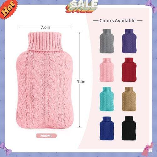 samply Hot Water Bottle with Knitted Cover, 2L Hot Water Bag for Hot and Cold Compress, Hand Feet Warmer, Ideal for Menstrual Cramps, Neck and Shoulder Pain Relief, Pink