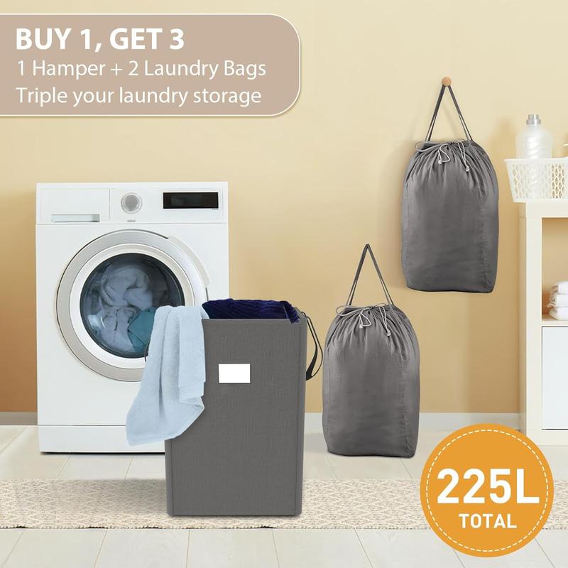 225 L Laundry Hamper Collapsible with 2 Washable Laundry Bags, Dirty Clothes Hamper,Laundry Basket with Handles Foldable Hamper Dorm Laundry Basket for College,Elegant Grey Organiser Organiser