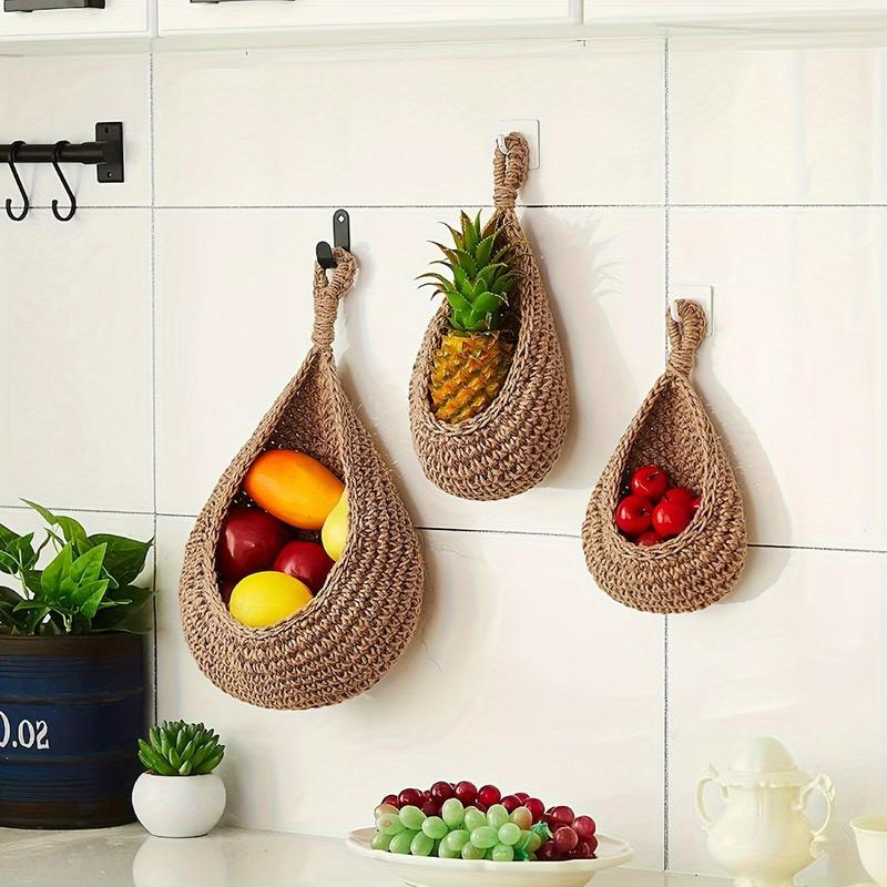 Handmade Crochet Storage Basket, 3 Counts set Hanging Plant Basket, Hanging Storage Bag for Fruit & Vegetable & Plant, Home Organizer for Kitchen, Home Decor