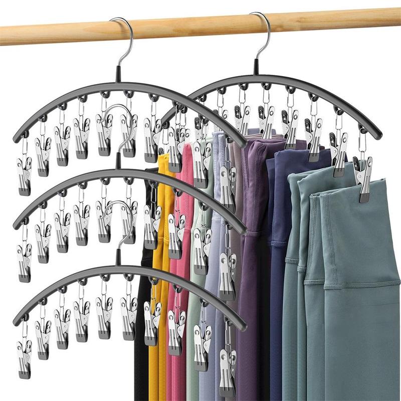 Curved Hanger with Clips, 4 Counts Stainless Steel Yoga Pants Hanger, Space Saving Closet Hanger,  Coat Hanger Closet Organizers, Wardrobe Storage Rack, Dormitory Storage Rack for Clothes Socks Organizer Storage, Unique Furniture for Bedroom