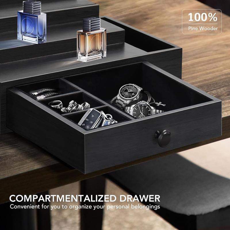 Cologne Stand Organizer for Men, 3 Tier Cologne Display Shelf with Velvet Lining Drawer and Compartments for Watch, Jewelry, Perfume Display Risers for Cologne, Great Gift for Father Racks