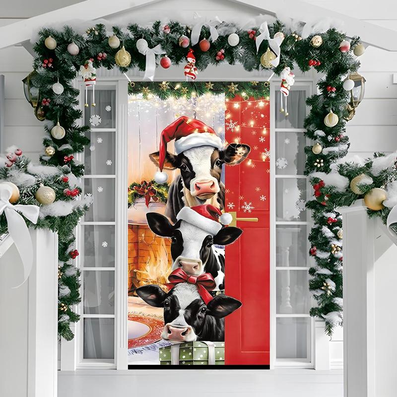 Cow Pattern Christmas Door Banner, 1 Count Cute Cow Design Door Hanging Banner, Festive & Party Supplies for Home Living Room Bedroom