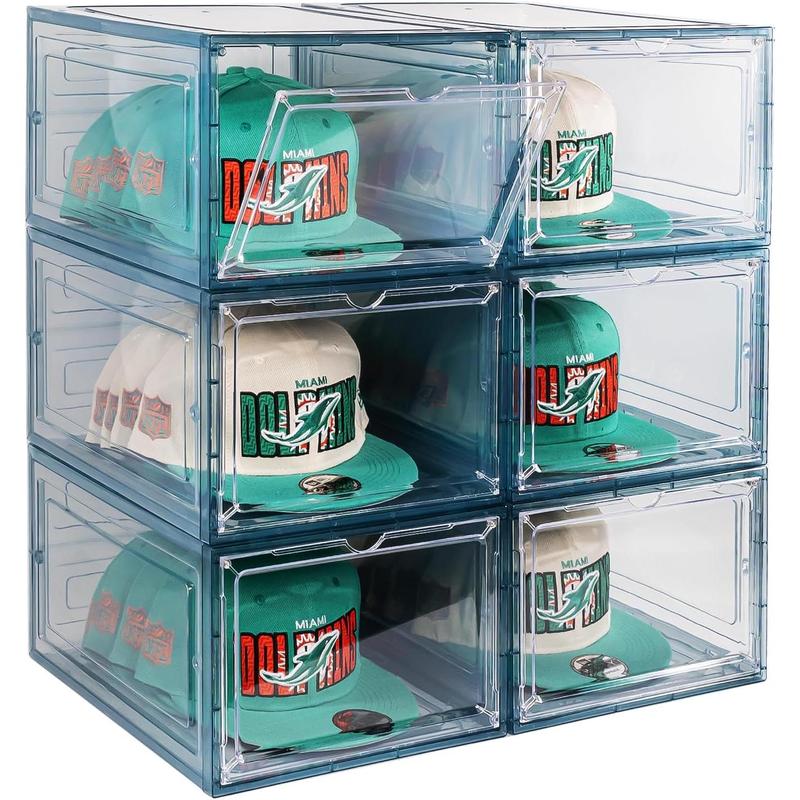 6 Pack Hat Organizer Box, Stackable Clear Baseball Caps Holder Box Containers with Magnetic Door for Hats Snapback Cap Storag, Hat Rack Display Case, Holds 8 Hats Each (Clear)