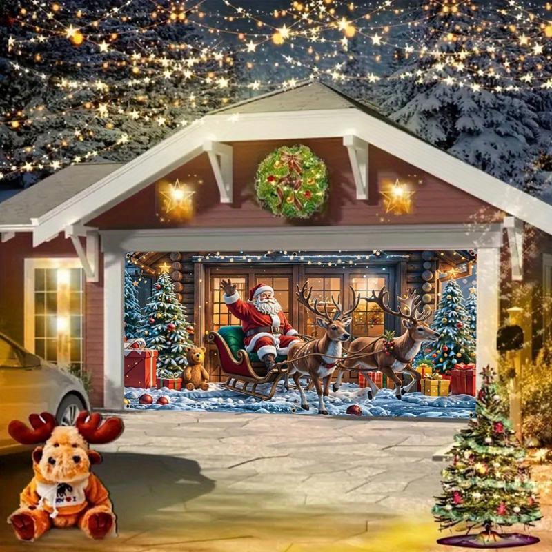 Large Christmas Garage Door Banner Decoration, No-Electricity Polyester Festive Reindeer Sleigh Santa Scene, Multi-Purpose Vivid Durable Holiday Wall Art for Christmas Eve, New Year Celebrations, General Winter Carnival Theme, Room Decor - Ornaments