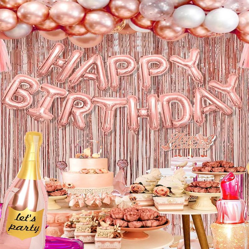 Birthday Party Decoration Set, 64pcs set Rose Gold Birthday Party Decoration with Tapes, Including Confetti Balloons, Tassels Curtain, Happy Birthday Banner