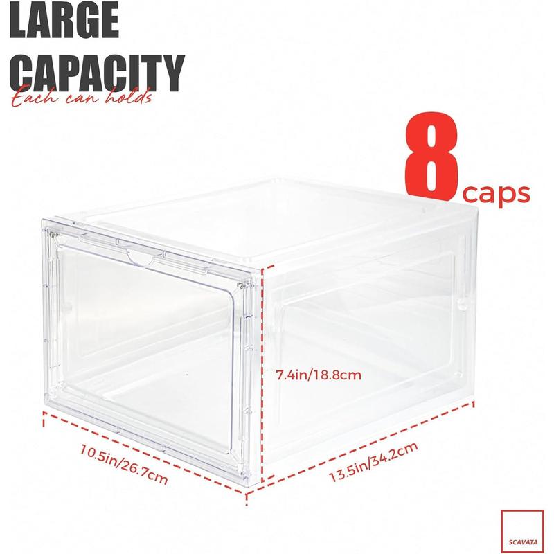 6 Pack Hat Organizer Box, Stackable Clear Baseball Caps Holder Box Containers with Magnetic Door for Hats Snapback Cap Storag, Hat Rack Display Case, Holds 8 Hats Each (Clear)