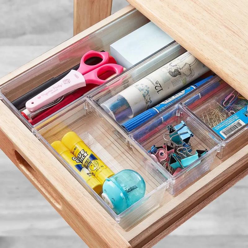 14 PCS Clear Plastic Drawer Organizer Tray for Makeup, Kitchen Utensils, Jewelries and Gadgets Boxes