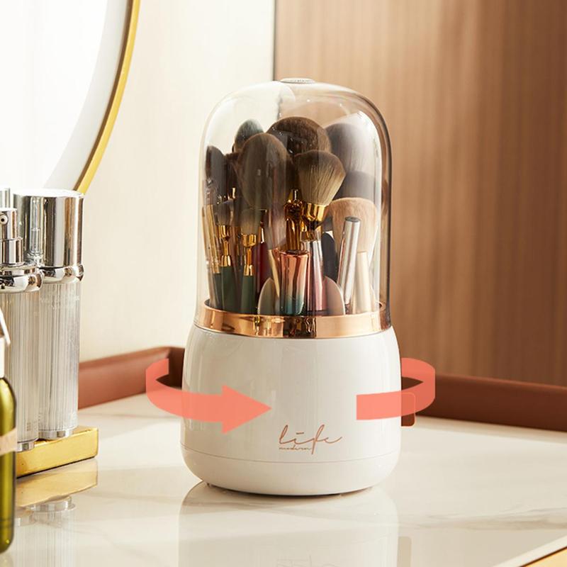 Makeup Brush Storage Box, 1 Count 360 Rotating Dust-proof Makeup Brush Holder with Lid for Bedroom Dresser, Beauty Brush Storage Boxes, Summer Makeup Organizer