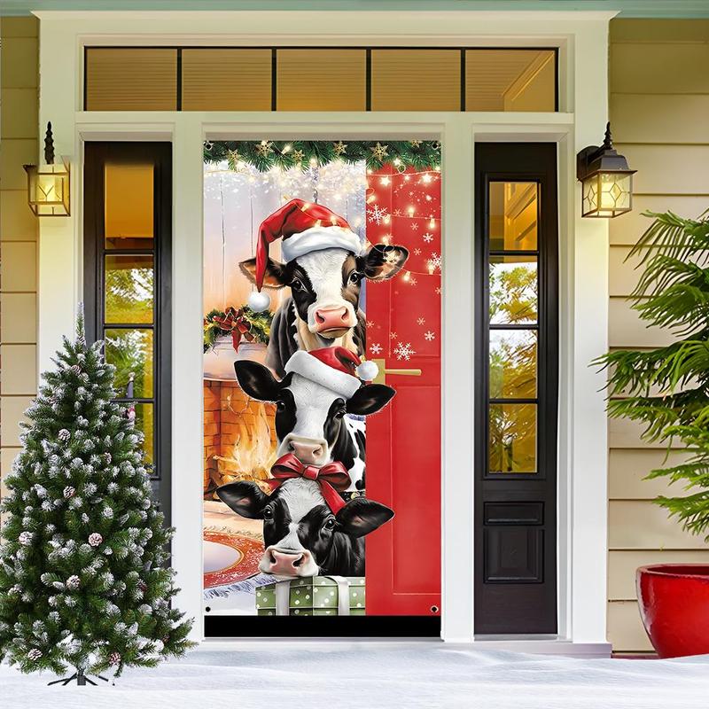 Cow Pattern Christmas Door Banner, 1 Count Cute Cow Design Door Hanging Banner, Festive & Party Supplies for Home Living Room Bedroom