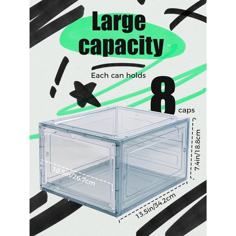 6 Pack Hat Organizer Box, Stackable Clear Baseball Caps Holder Box Containers with Magnetic Door for Hats Snapback Cap Storag, Hat Rack Display Case, Holds 8 Hats Each (Clear)