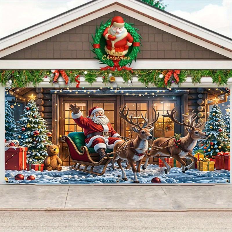 Large Christmas Garage Door Banner Decoration, No-Electricity Polyester Festive Reindeer Sleigh Santa Scene, Multi-Purpose Vivid Durable Holiday Wall Art for Christmas Eve, New Year Celebrations, General Winter Carnival Theme, Room Decor - Ornaments