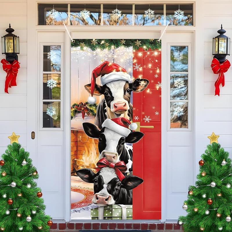 Cow Pattern Christmas Door Banner, 1 Count Cute Cow Design Door Hanging Banner, Festive & Party Supplies for Home Living Room Bedroom