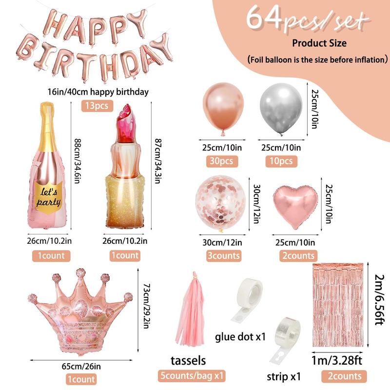 Birthday Party Decoration Set, 64pcs set Rose Gold Birthday Party Decoration with Tapes, Including Confetti Balloons, Tassels Curtain, Happy Birthday Banner