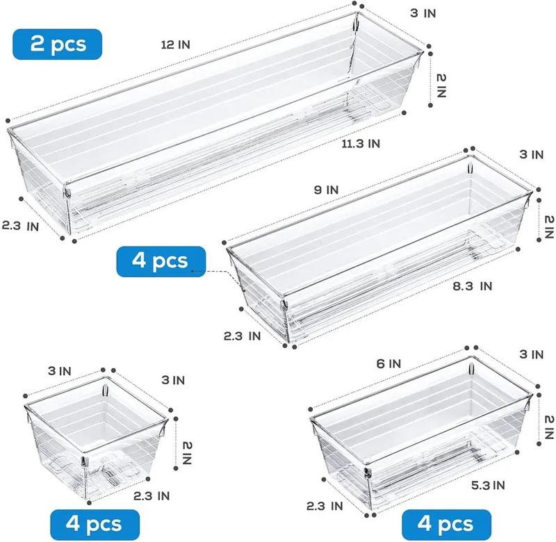 14 PCS Clear Plastic Drawer Organizer Tray for Makeup, Kitchen Utensils, Jewelries and Gadgets Boxes