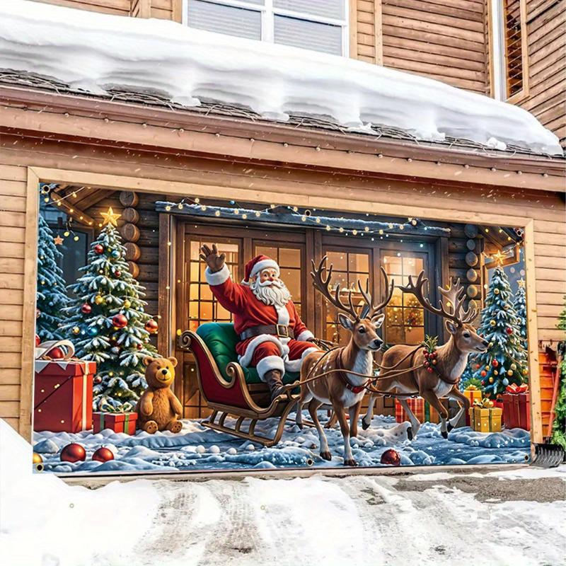 Large Christmas Garage Door Banner Decoration, No-Electricity Polyester Festive Reindeer Sleigh Santa Scene, Multi-Purpose Vivid Durable Holiday Wall Art for Christmas Eve, New Year Celebrations, General Winter Carnival Theme, Room Decor - Ornaments