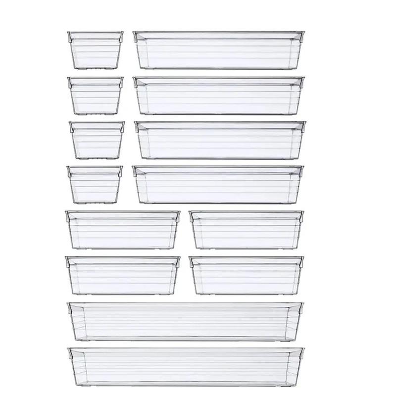 14 PCS Clear Plastic Drawer Organizer Tray for Makeup, Kitchen Utensils, Jewelries and Gadgets Boxes