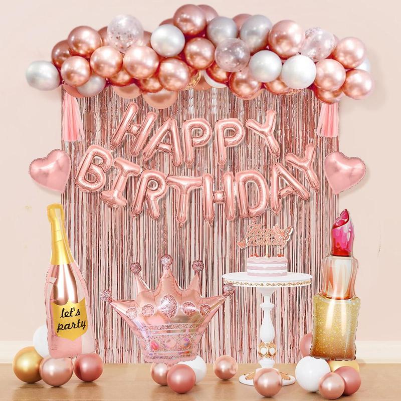 Birthday Party Decoration Set, 64pcs set Rose Gold Birthday Party Decoration with Tapes, Including Confetti Balloons, Tassels Curtain, Happy Birthday Banner