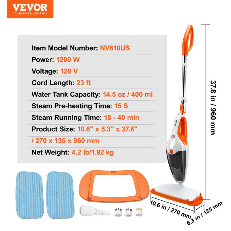 VEVOR Steam Mop, 5-in-1 Hard Wood Floor Cleaner with 4 Replaceable Brush Heads, for Various Hard Floors, Like Ceramic, Granite, Marble, Linoleum, Natural Floor Mop with 2 pcs Machine Washable Pads Cleaning Handheld