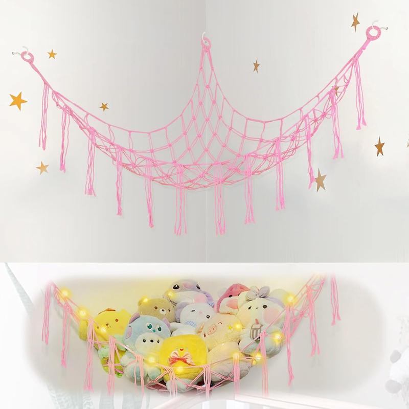 Stuffed  Hammock Corner with LED Light,Stuffed  Hammock Girls Room Decoror  Room Decor, Stuffed  Storage for   Decor(Pink)