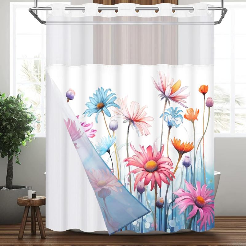 No Hook Flower Shower Curtain with Snap Liner, See Through Shower Curtain with Window, Double Layer, Waterproof, Washable shower curtain