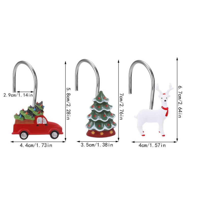 Christmas Themed Shower Curtain Hooks, 12pcs set Cute Reindeer & Truck & Tree Design Shower Curtain Hooks, Bathroom Accessories for Home Decor