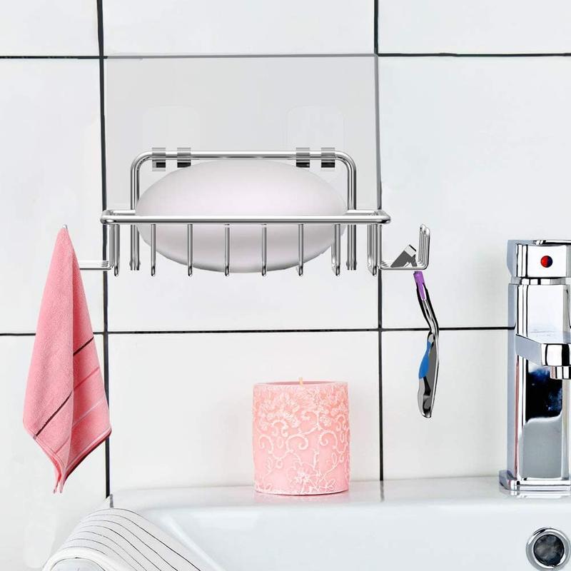 Bar Soap Holder with 4 Hooks, Stainless Steel Adhesive Soap Dish, Shower Wall Soap Holder, Bathroom Accessories