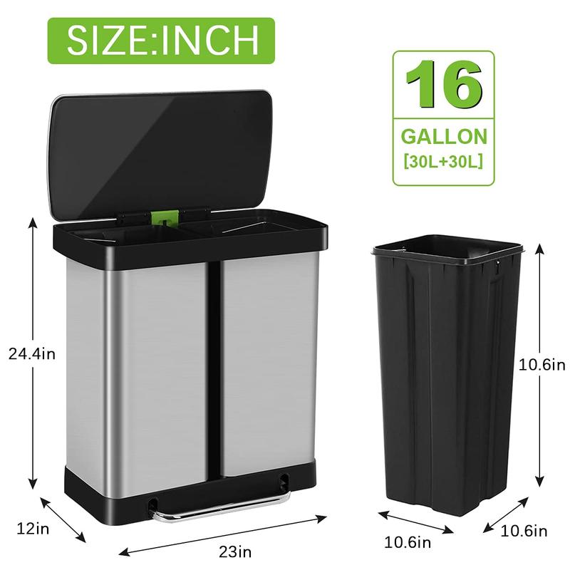 Kitchen Trash Can 16 Gallon  60L Stainless Steel Dual Trash Can with Lid & Double Barrel, High-Capacity Step Garbage Can Classified Recycle Rubbish Bin Combo for Bathroom