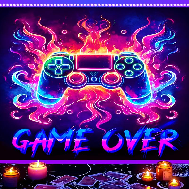 Blacklight Gaming Tapestry, Cool Neon Game Controller Wall Hanging for Boys Teens, UV Reactive GAME OVER Abstract Art 3D Gaming Poster Tapestries for Bedroom, Play Room