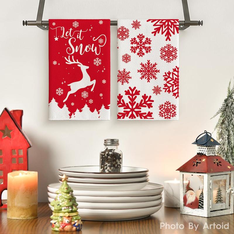 Elk Snow Merry Christmas Kitchen Towels and Dish Towels, 18 x 26 Inch Winter Xmas Holiday Ultra Absorbent Drying Cloth Tea Towels for Cooking Baking Set of 4