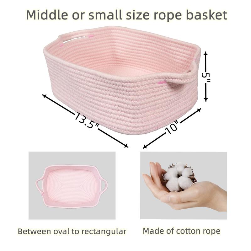 Woven Cotton Rope Storage Basket for Organizing Shelves Closet Small Toy Basket Box Bin Decorative Rectangle basket Gift Basket Empty Light pink，storage with handle storage boxes & bins