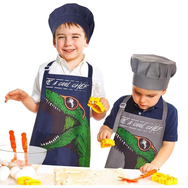 Apron and Chef Hat for Boys Dinosaur  Aprons with Pockets,  Apron for Cooking Baking Painting 3-12 Years