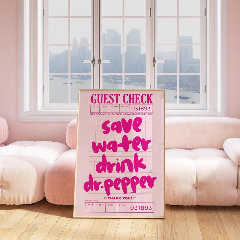 4 options - save water drink dr.pepper guest check prints wall art poster no frame, college apartment decor retro, trendy preppy kitchen aesthetic posters, decor home